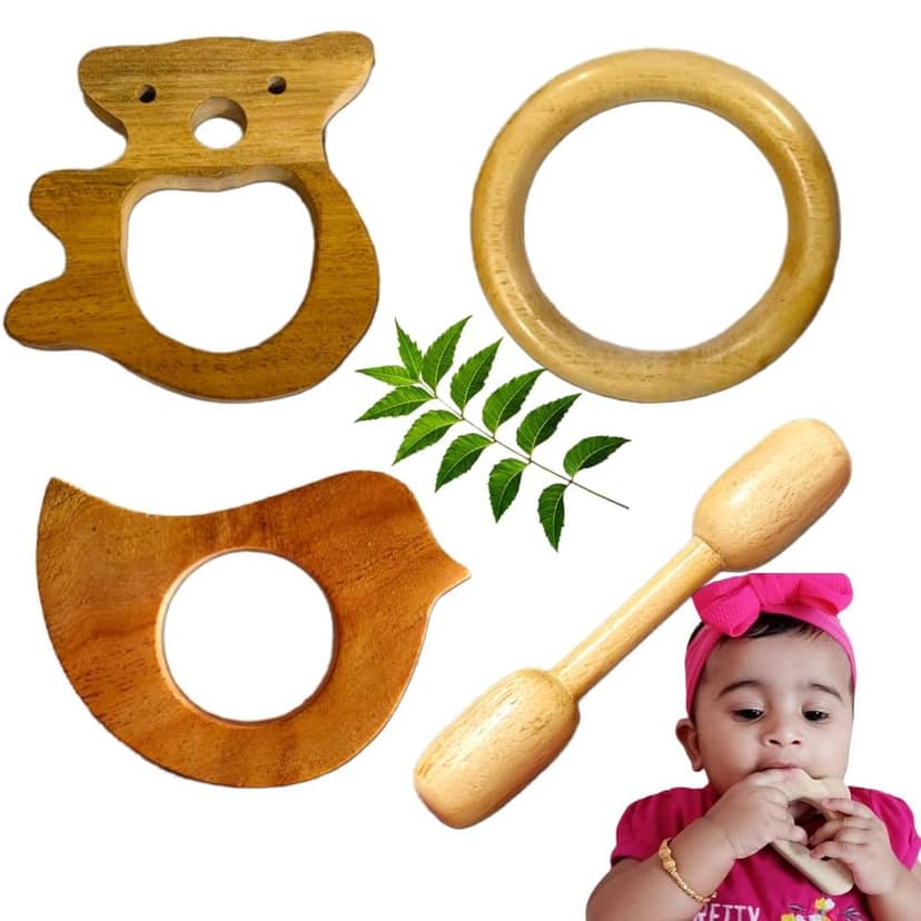 Natural Neem Wood Baby Teething Tiny Toys Set, Natural Ring and Bird Shapes with with Teddy and Dumbble Shape, 4 Pieces