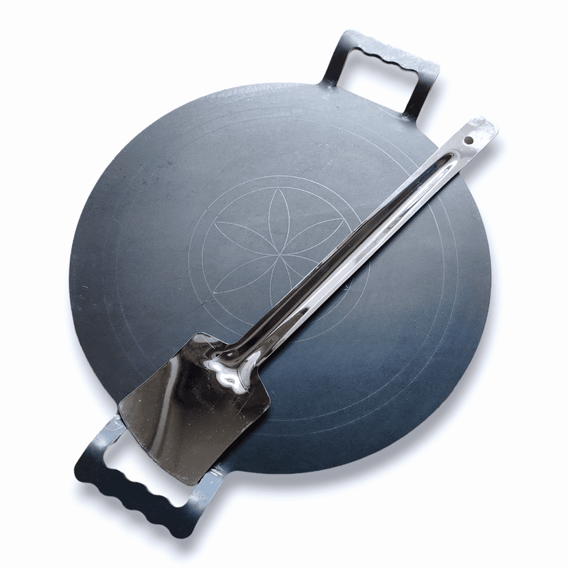 NAKSHATHRA - Pure Iron - Flat Model, Double Handle - Iron Tawa with Turner - 11 Inch - For Paper Roast, Dosa, Roti