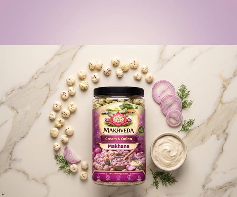 MAKHVEDA - Superfood Cream & Onion Makhana | Roasted Fox Nuts | Crunchy & Creamy Flavour | Healthy Snack | Low Calorie, High Protein, Gluten Free | Premium Lotus Seeds view 3