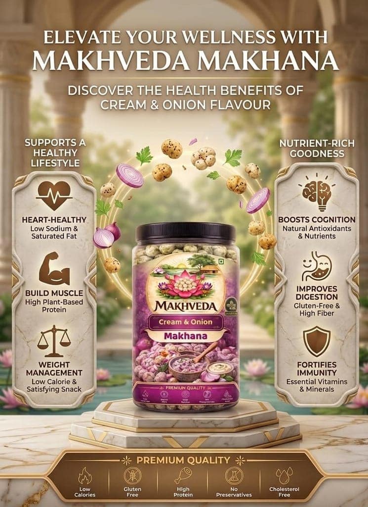 MAKHVEDA - Superfood Cream & Onion Makhana | Roasted Fox Nuts | Crunchy & Creamy Flavour | Healthy Snack | Low Calorie, High Protein, Gluten Free | Premium Lotus Seeds view 4