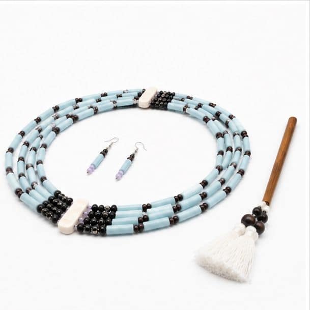 Artisanal Multi-Layered Beaded Necklace Set with Earrings and Hair Stick view 2