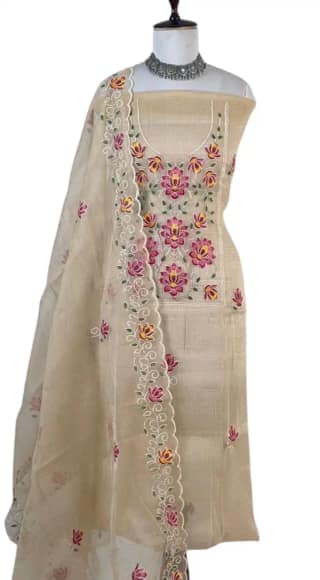 Kota Doria Dress Material Biscuit Beige Floral Buti