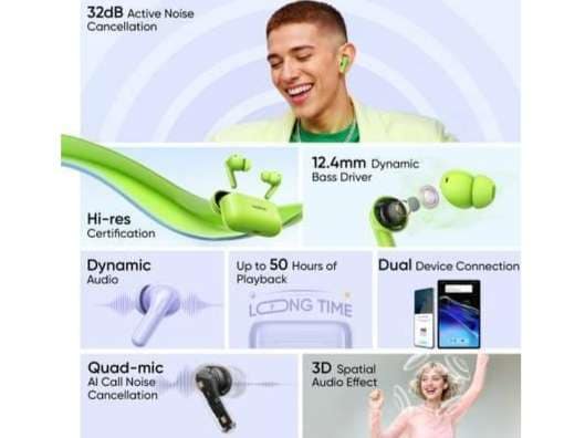 Realme Buds T200 Hi-Res with 32dB ANC, 12.4mm driver Quad Mic, 50 Hrs Playback, BT5.4, IP55 Bluetooth - Mystic Grey view 3