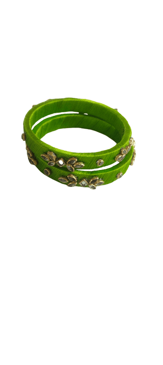 Vibrant Green Silk Thread Kundan Leaf Bangles for Women
