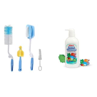 SYGA 4 Pcs Baby Milk Bottle Nipple Straw Brush Sponge Nylon Cleaning Brush Cleaner Bottle Tong Set R&Pigeon Liquid Cleanser for Nursing Products (700Ml),Multicolor