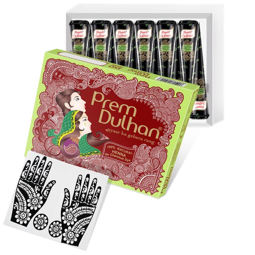 Prem Dulhan Brown Henna Cones Box 12 Pcs with Flower Stencils Green Box