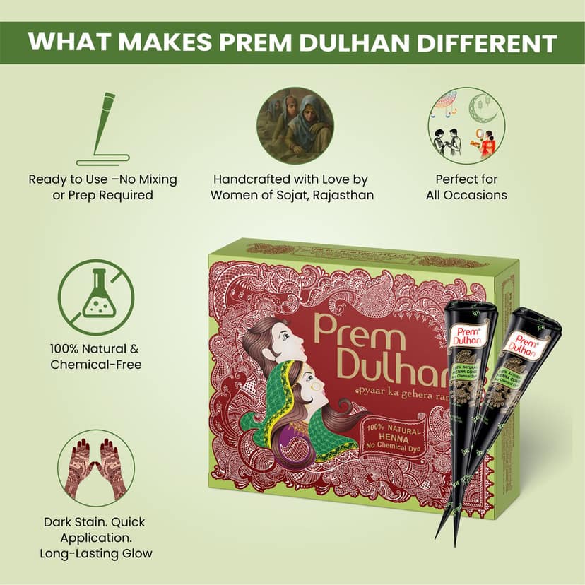 Prem Dulhan Brown Henna Cones Box 12 Pcs with Flower Stencils Green Box view 6