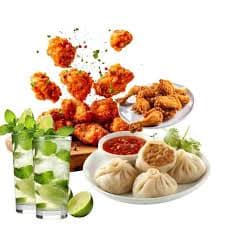 chicken fried momos + chicken nuggets + mixed fruit mojito
