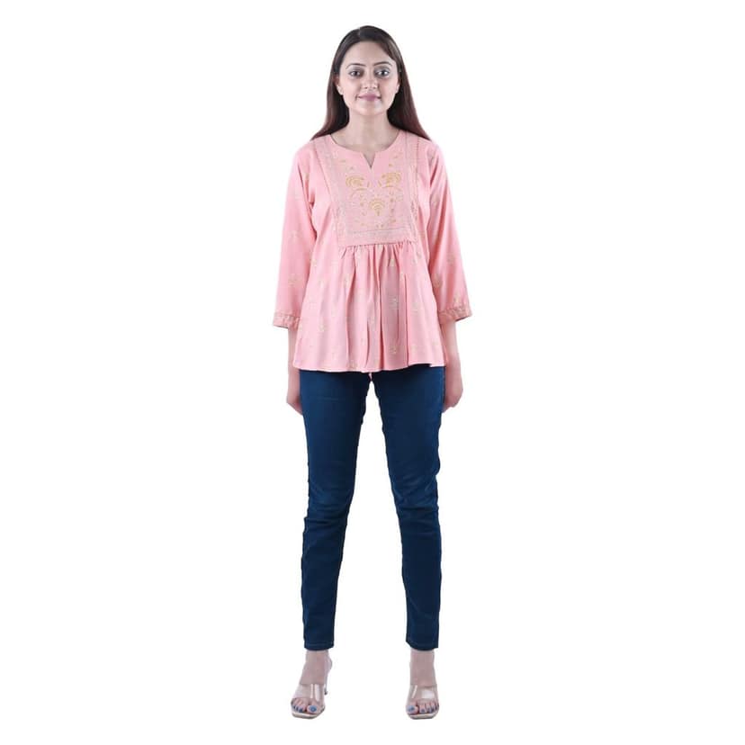 Women's Cotton Fabric Designer Block Printed with Zari Work A-line Top Color- Light Pink