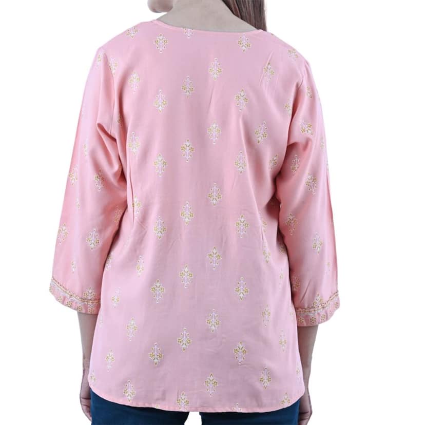 Women's Cotton Fabric Designer Block Printed with Zari Work A-line Top Color- Light Pink view 6