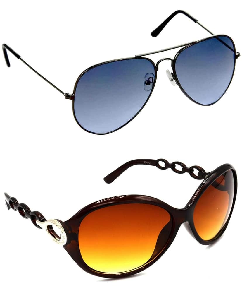 HRINKAR Unisex Pilot Sunglasses Grey & Brown Frame, Blue & Brown Lens (Medium) - Pack of 2