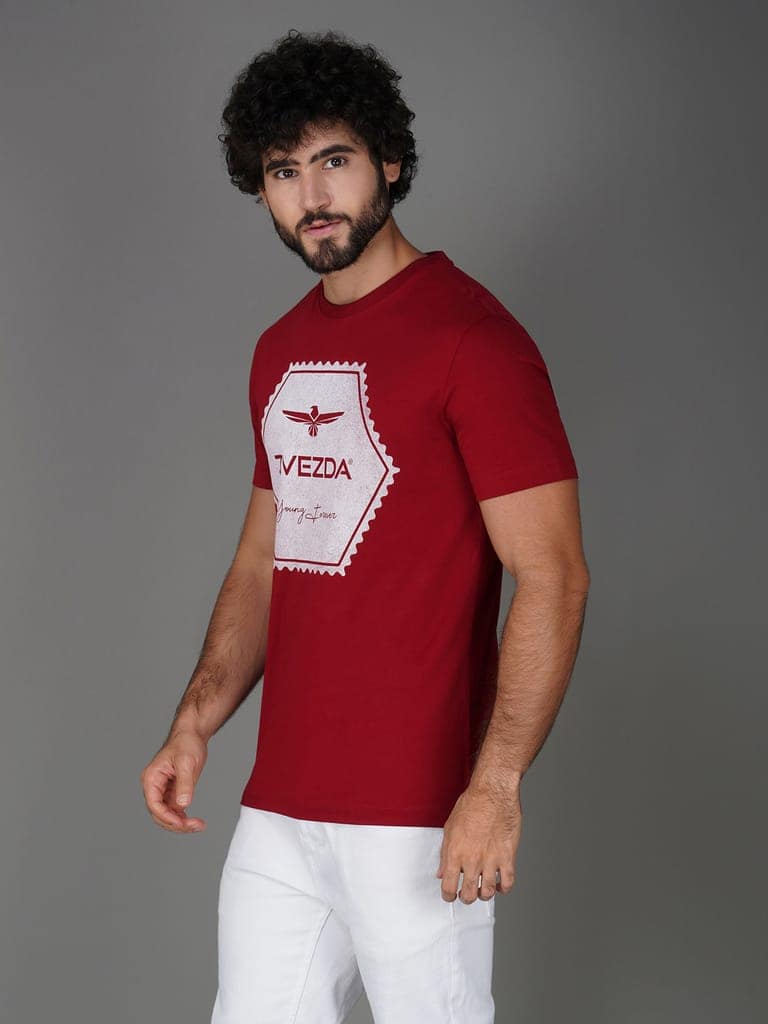 Premium Single Jersey Cotton Branded Round Neck Tee-Dark Red view 4
