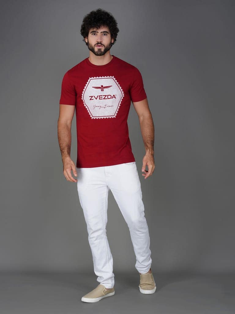 Premium Single Jersey Cotton Branded Round Neck Tee-Dark Red view 5