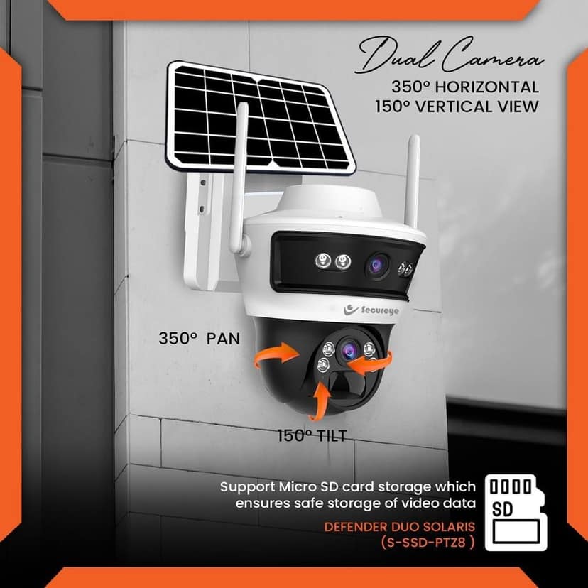 Secureye Defender Duo Solaris S-SSD-PTZ8 | 4G Solar PTZ Camera | 3MP+3MP Dual Lens | IP66 Weatherproof (Brand Warranty)