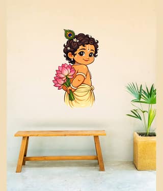 Little Krishna Wall Sticker with Lotus, Cute Baby Krishna Decal Self Adhesive Sticker (Pack of 1)