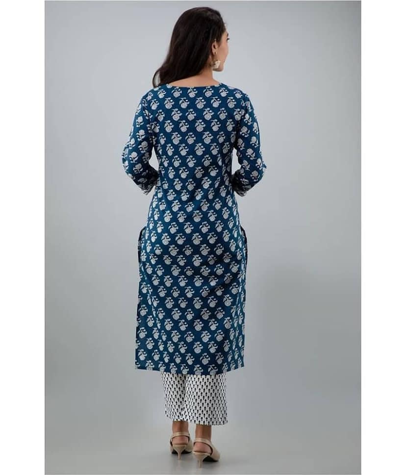 Jaipuri Collection - Navy Cotton Women's Straight Kurti ( Pack of 1 ) view 2