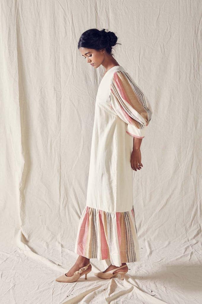 Maxi Trapeze Dress In Off White Cotton Khadi Mulmul view 2