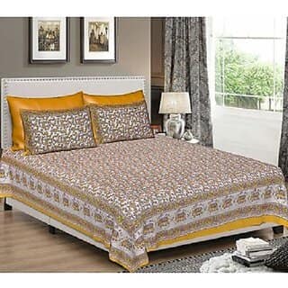Elephant/Floral Print Cotton Double Bed Sheet 2 Pillow Covers - King Size Bedsheet (90x108 Inch), Yellow