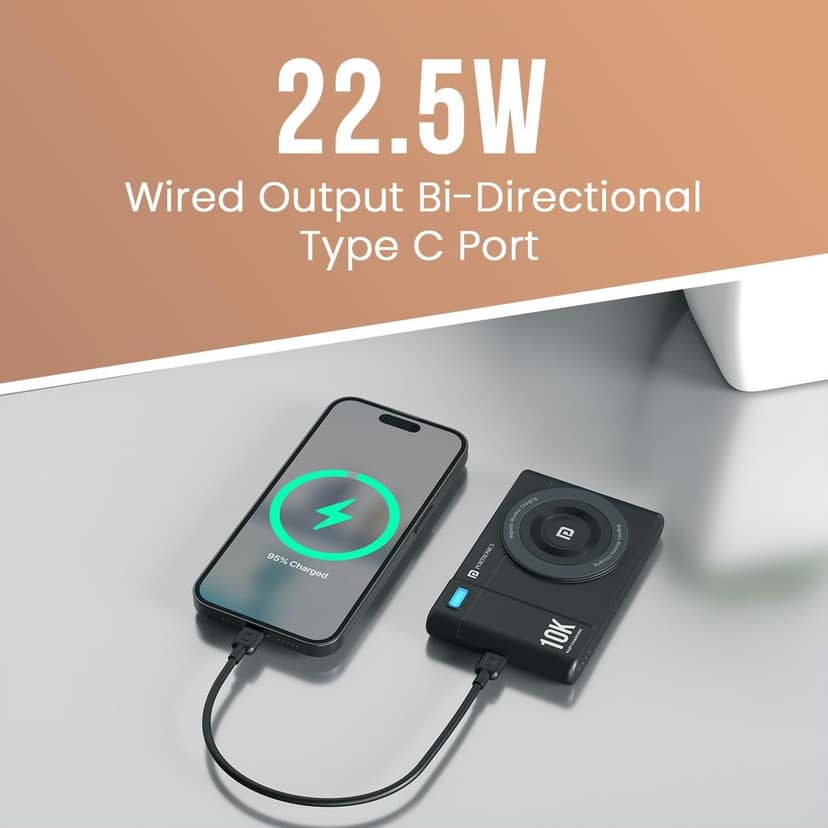 Portronics PowerShutter Air 10K 10000mAh 15W Wireless Magnetic Fast Charging Powerbank, In Built Type Cable,22.5W Type C PD Output,Light Weight,Compatible with iPhone 12 Above,Other Qi Enabled Devices