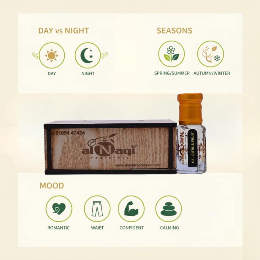 alnaqi fragrances Citrus Fruit Attar | Perfume Oil, Alcohol-Free Roll-On | Bergamot & Sweet Orange Top Notes, Neroli & Petitgrain Heart | Musk & Light Amber Base | Long-Lasting Unisex view 3