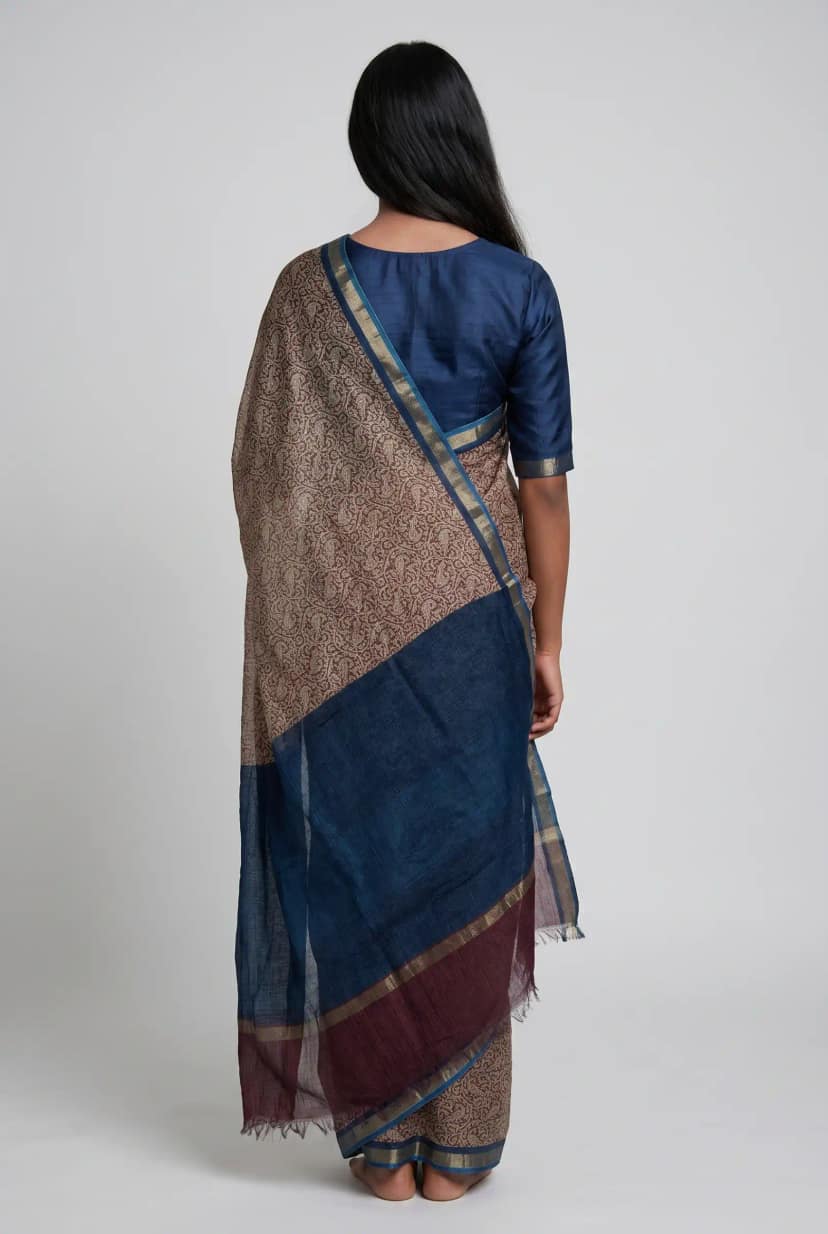 Teal Saree with Gold Border and Blouse Piece view 3