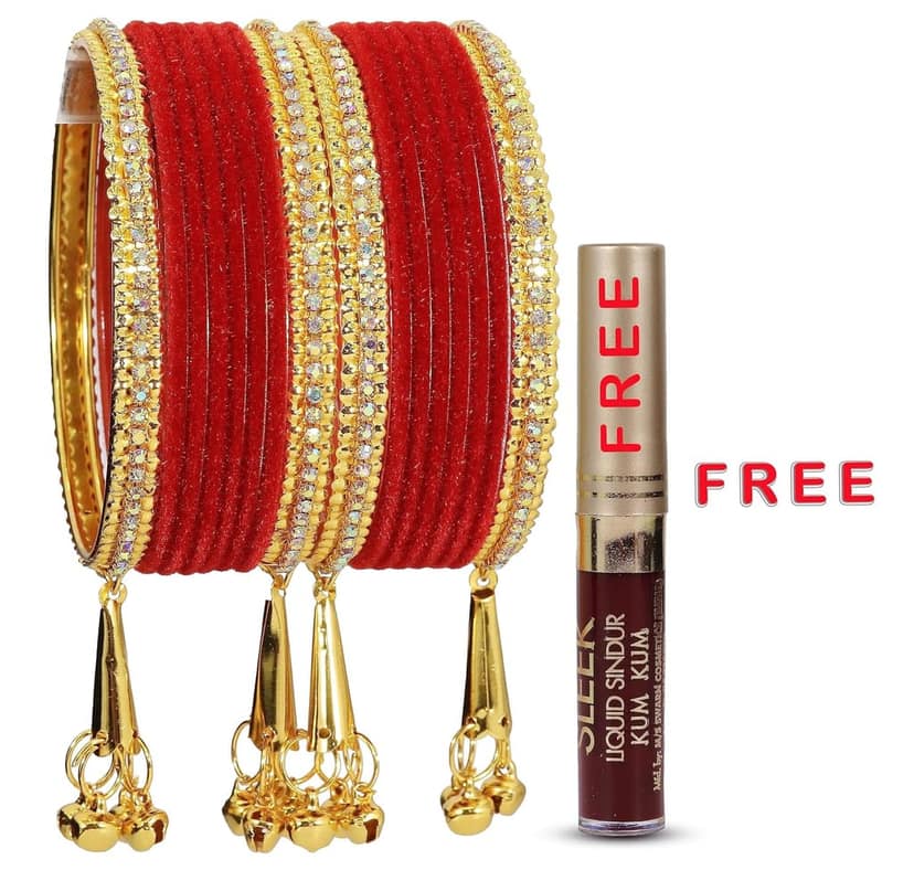 NMII Metal with Zircon Gemstone and Velvet Studded Bells Latkan Bangles Set For Girls and Women I Latkan Bangles, Premium Bangle Bracelet Set I Pack of 16 Bangles view 2