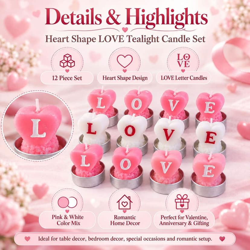Heart Shaped LOVE Tealight Candles for Romantic Table Decoration (12 Pc Set) view 2