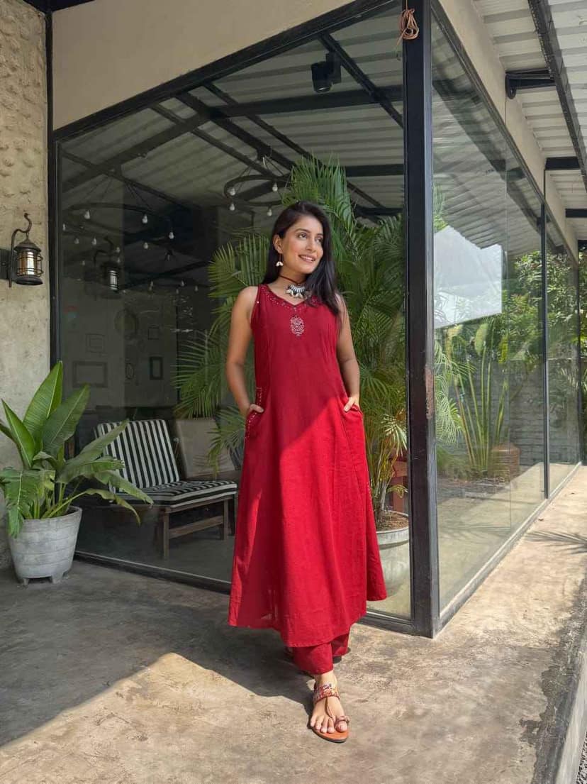 Cotton Slub Embroidered Kurta Set
