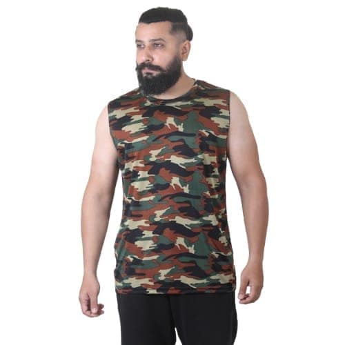Men's Gym Sleeveless T-Shirt Camouflage Brown - Drifit, Quick Dry Sports Tank Top, Sando Vest