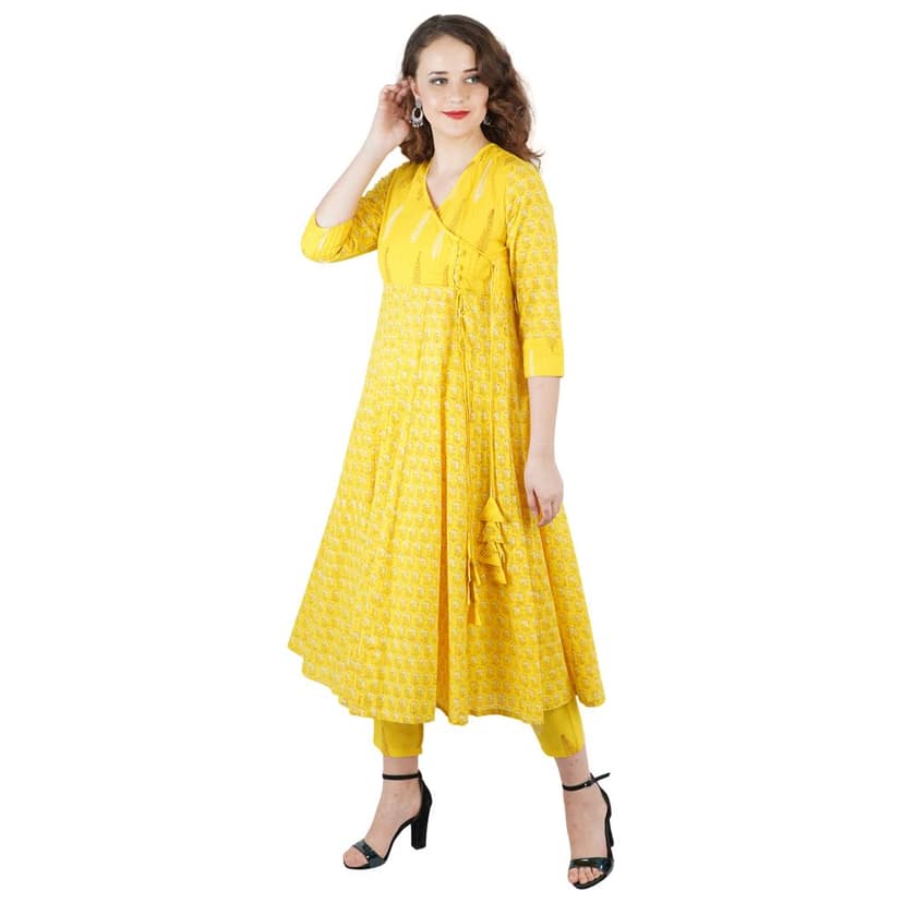 Pintuck Yellow Angrakha Kurti Pant Set view 4