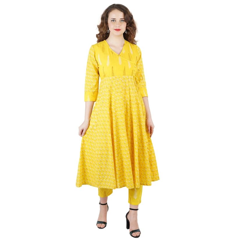 Pintuck Yellow Angrakha Kurti Pant Set view 5