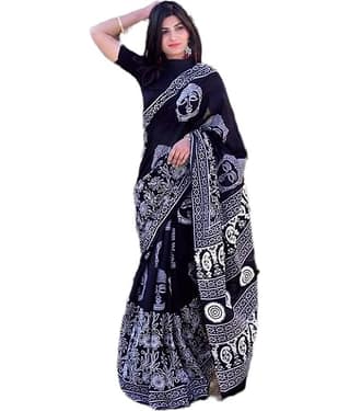 PINKCITY TRADE WORLD Cotton Printed Saree With Unstitched Blouse Piece ( Black )