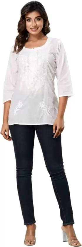 Women Embroidered Pure Cotton Straight Kurta (White) view 3