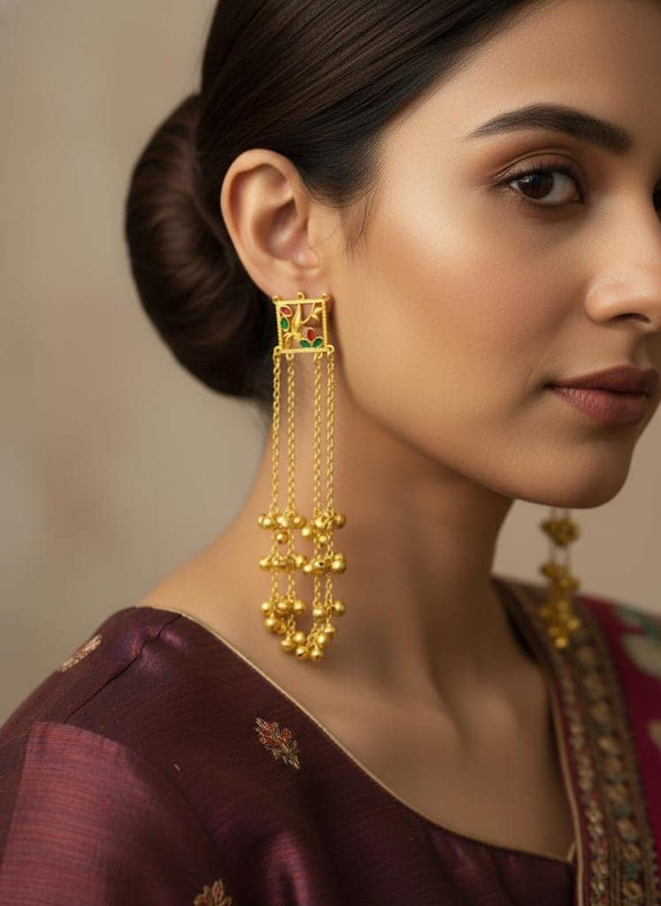 Gold Plated - Traditional Jhumka Earrings for Women | Antique Temple Design Long Dangler Earrings view 2