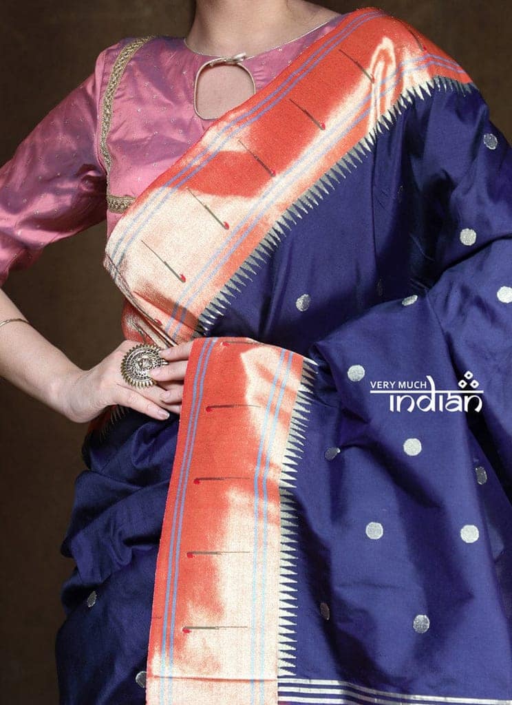 Rajsi~ Pure Silk Handloom - Muniya Border in Navy Blue with Rich Coral Zari Border view 2
