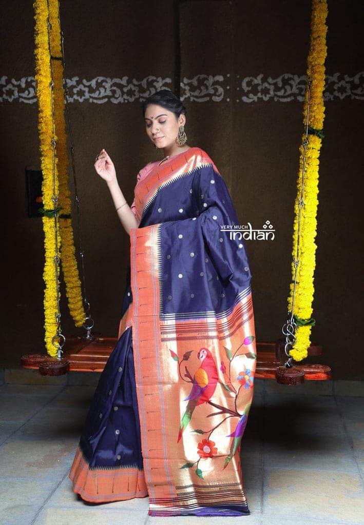 Rajsi~ Pure Silk Handloom - Muniya Border in Navy Blue with Rich Coral Zari Border view 4