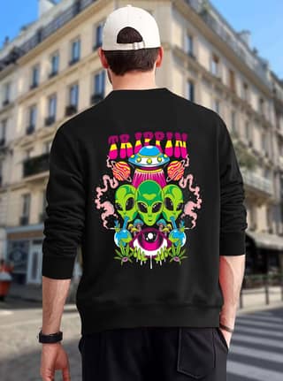SCOTT FINCHER Men's Trippy Alien Sweatshirt, Weed Smoking UFO Graphic Stoner Sweatshirt, Black Trippy Sweatshirt : AA(RSSWT)BLACK_147