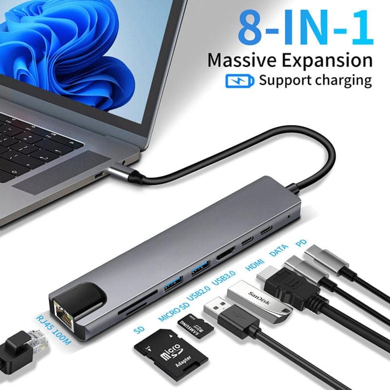 AUSHA 8-in-1 USB-C Hub Adapter 4K HDMI, 100W PD, Ethernet & SD/TF Card Reader – Multiport USB C Extension Dock for MacBook, Laptop, iPad, Surface view 4