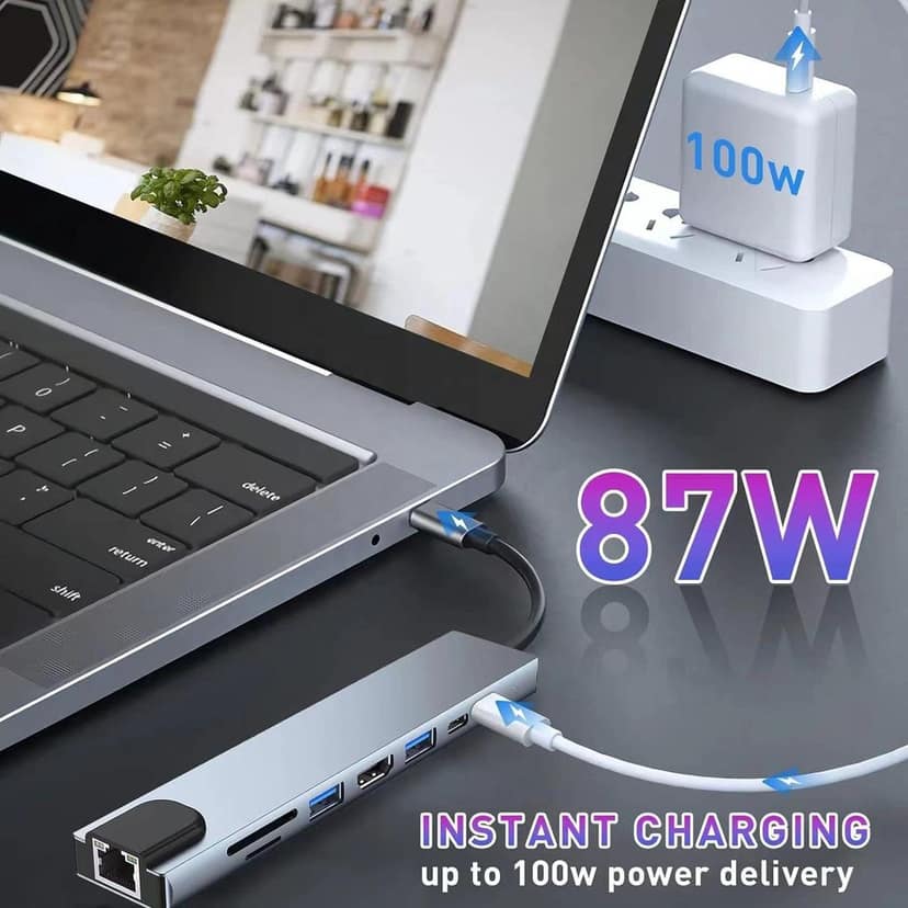 AUSHA 8-in-1 USB-C Hub Adapter 4K HDMI, 100W PD, Ethernet & SD/TF Card Reader – Multiport USB C Extension Dock for MacBook, Laptop, iPad, Surface view 8