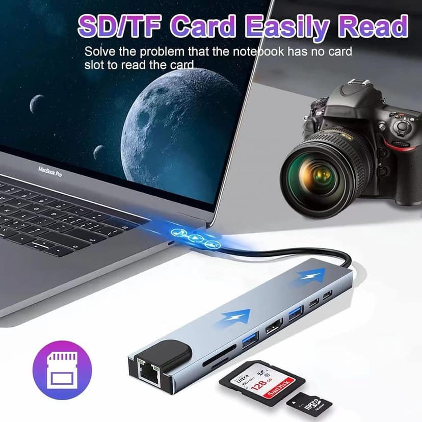 AUSHA 8-in-1 USB-C Hub Adapter 4K HDMI, 100W PD, Ethernet & SD/TF Card Reader – Multiport USB C Extension Dock for MacBook, Laptop, iPad, Surface view 9