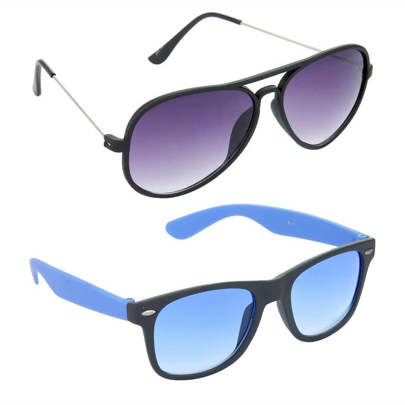 HRINKAR Men Women Boys & Girls Pilot & Rectangular Sunglasses Black & Blue Frame, Violet & Blue Lens (Medium) Pack of - 2