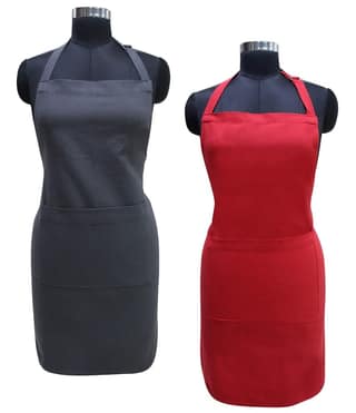 AIRWILL 100% Cotton Weaved Solid Pattern Free Sized Apron with Adjustable Buckle on Top and Long Straps (Black,Red - Pack of 2)