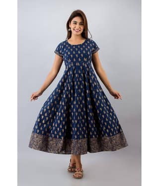 IRIDAA JAIPUR - Navy Cotton Women's Anarkali Kurti ( Pack of 1 )