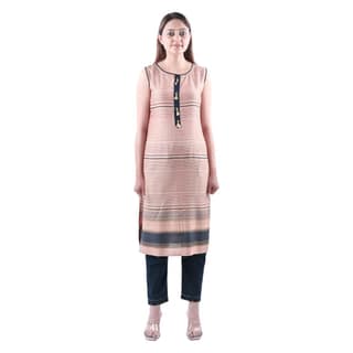 Cotton Rayon Mix Fabric Sleeveless Zari Bead Work A Line Kurti Pant Set Women's Color- Peach