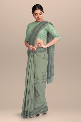 Sage Green Tribal Motif Hand Block Print Malmal Cotton Saree SKU-AS10059