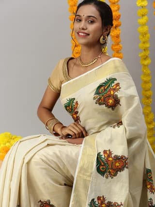 Womens Kerala Tissue Krishna with Flute Printed Gold Jari Border Saree OKS37
