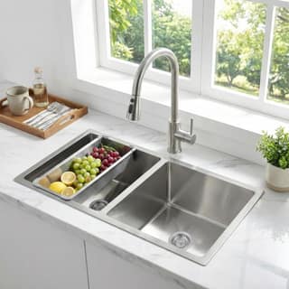 Aqua 304 Handmade ( 40"x18"x09" ) Inch SS Double Bowl Round Coupling Silver Kitchen Sink
