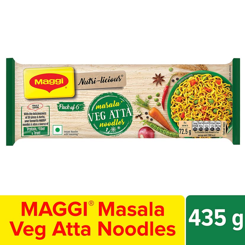 Maggi Nutri-Licious Masala Veg Atta Noodles - Herbs & Spice Blend, Iron & Fibre Rich, 435 G (Pack Of 6)