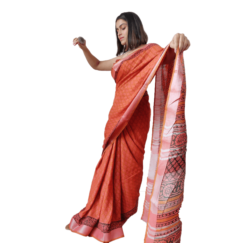 TheHangr Women's Beautiful Linen Cotton Floral Design Saree With Blouse Piece - Orange-White