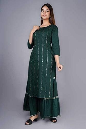 Buy & Try Women's Rayon Kurti with Sharara Set. Aari Work Kurta Sarara for Eid Festival Occasion. view 6